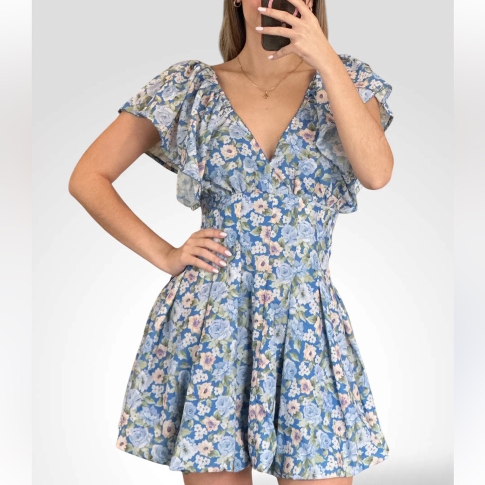 Mable Floral Flutter Sleeve Pleated Waist Mini Dress Blue Spring Size Large